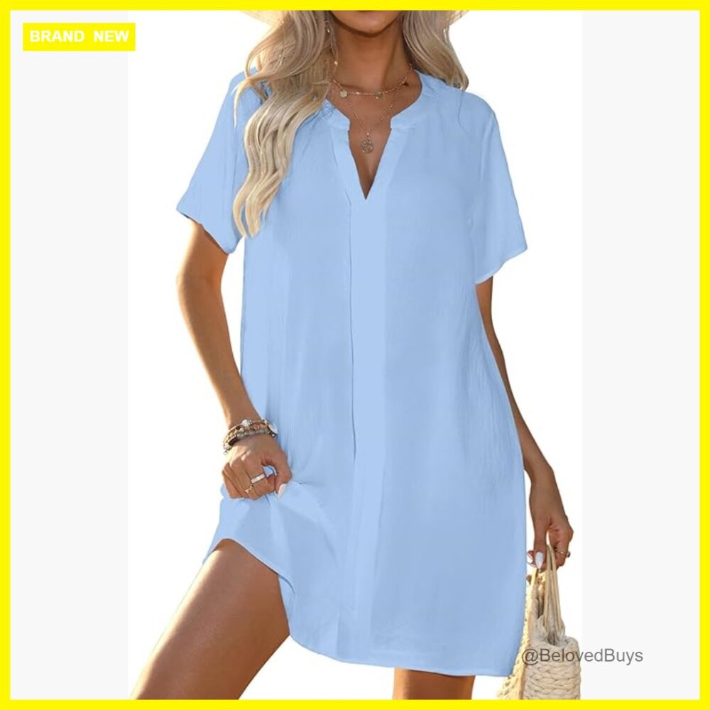 Women's V-Neck Short Sleeve Swimsuit Cover Up Polyester Beach Shirt